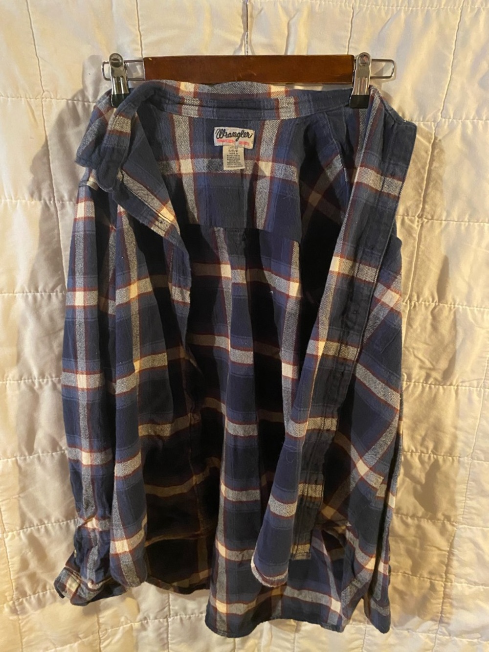 Comfy Wrangler Blue, Navy, Rust & White Plaid Flannel Shirt